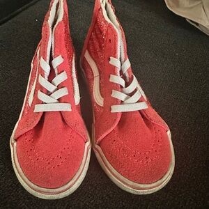 Vans Sk8-Hi Rear Zip Suede Logo Red Glitter Shoes Girls Size 9